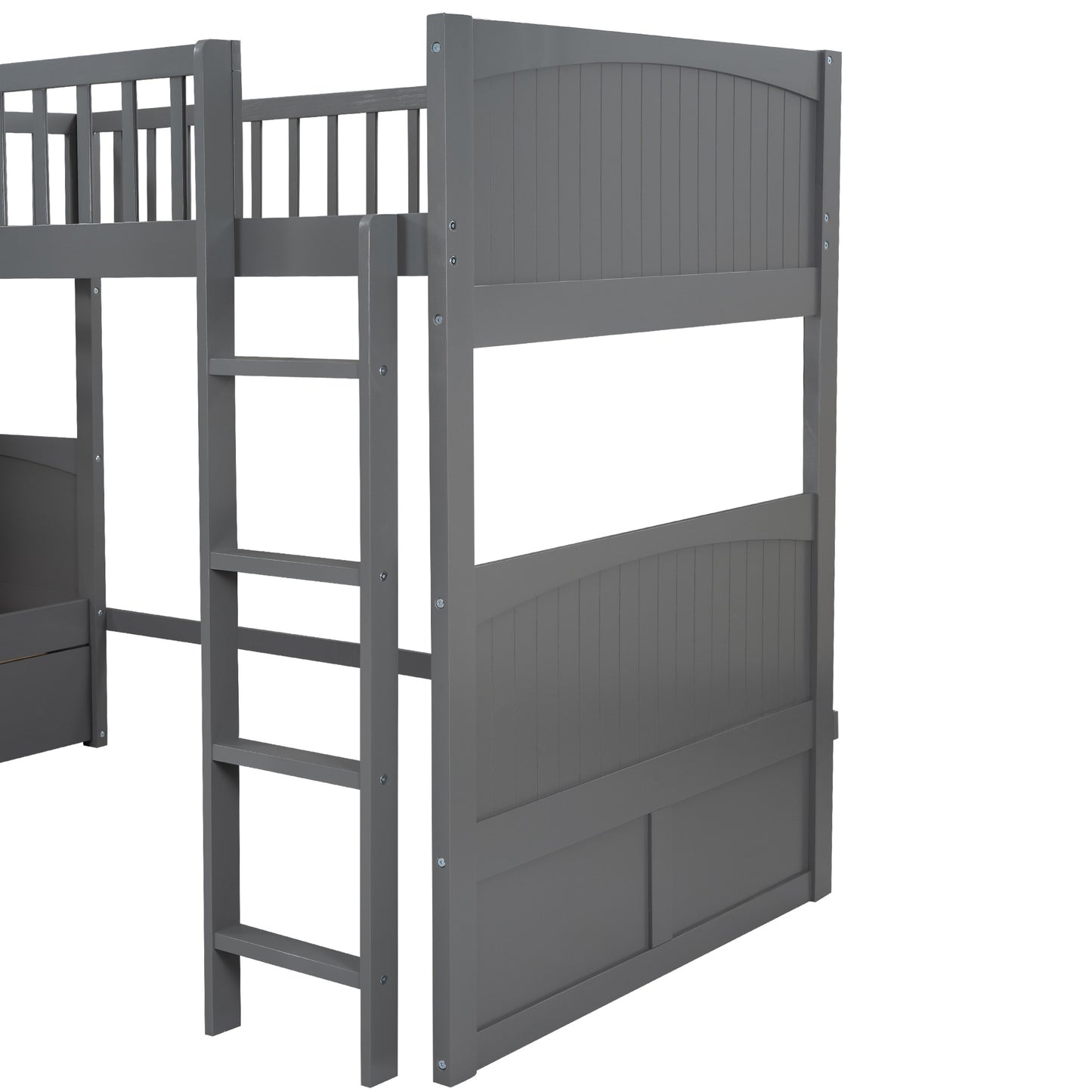twin size bunk bed with a loft bed attached and two drawers, gray