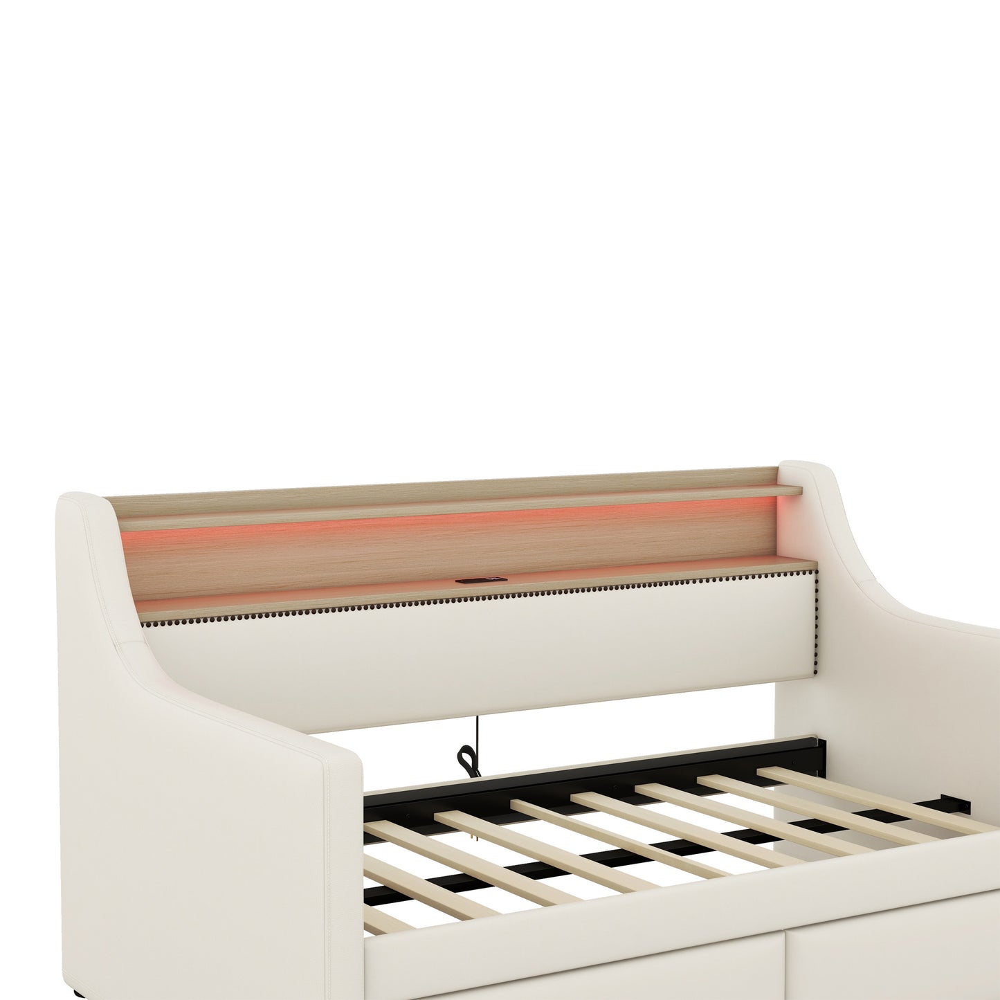 upholstered bed with charging station and led lights, beige