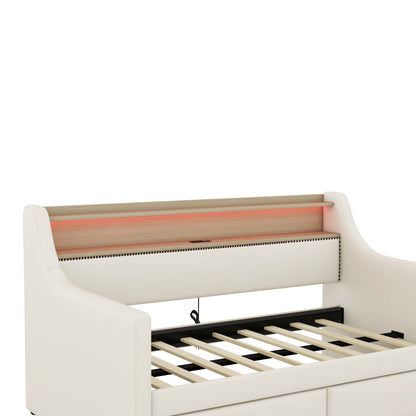 Upholstered Bed with Charging Station and LED Lights, Beige