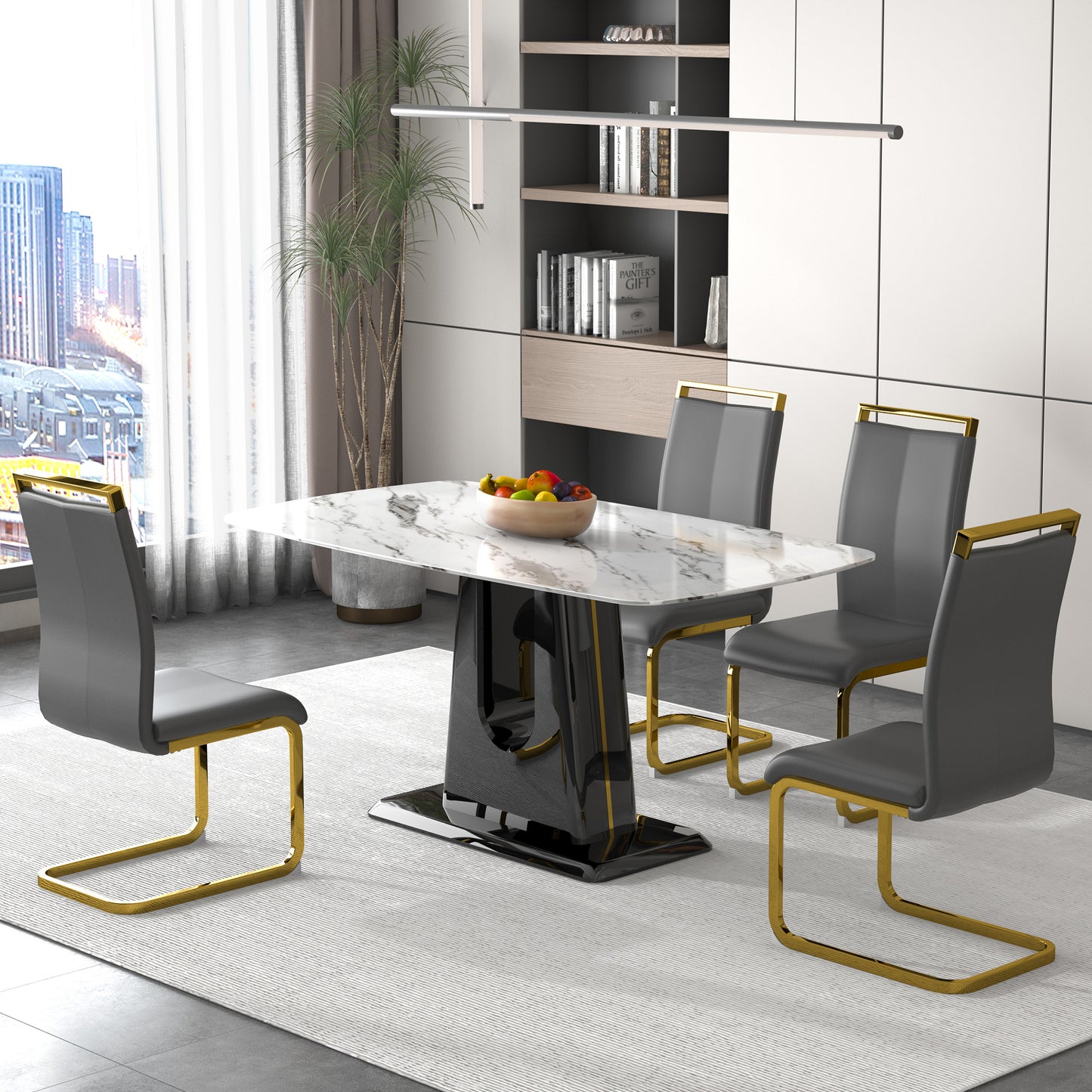 a modern, minimalist, and luxurious dining table with a white imitation marble tabletop and mdf legs with u-shaped brackets. tables in restaurants and living rooms 63"*35.4"*30 f-u