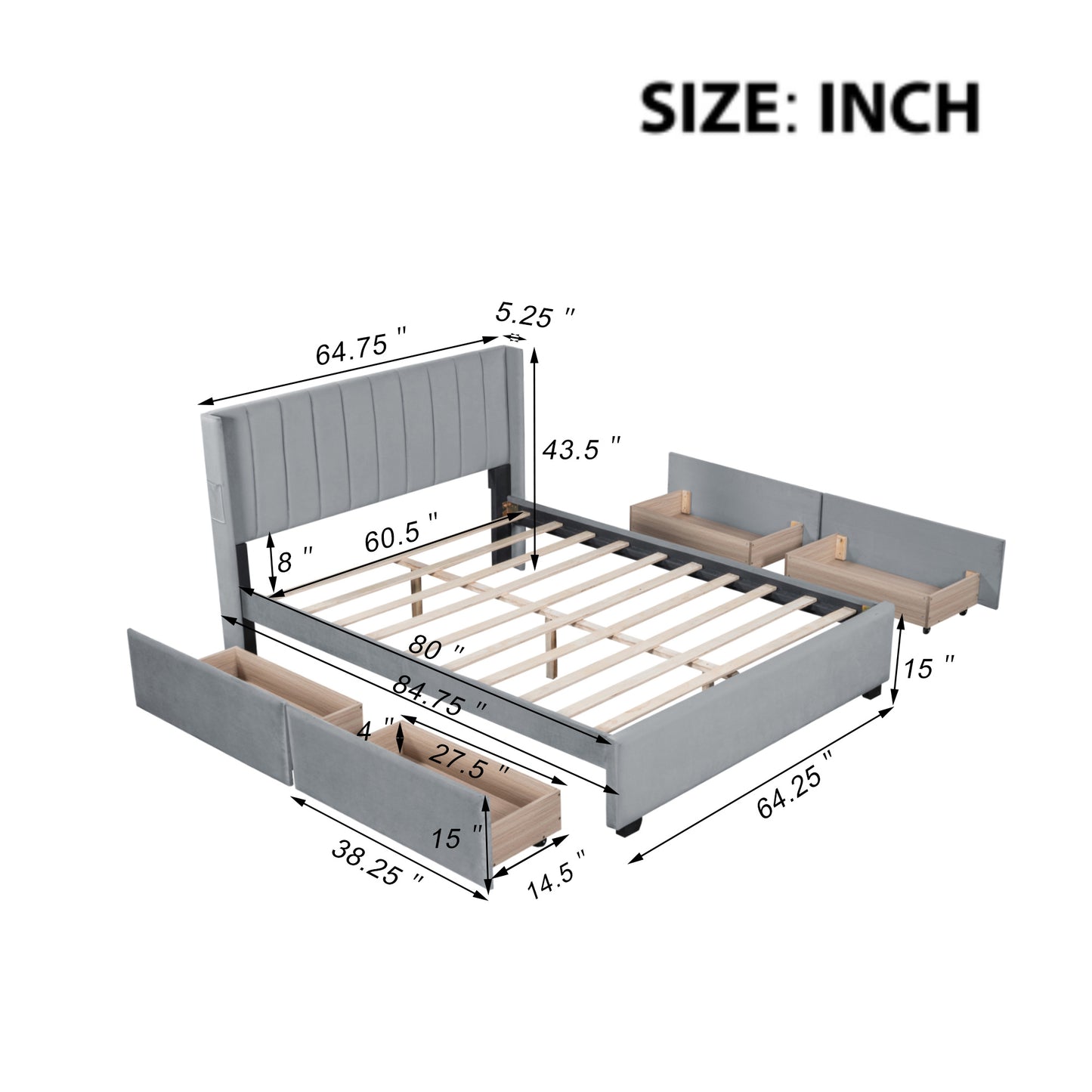 queen size upholstered bed with 4 drawers, gray