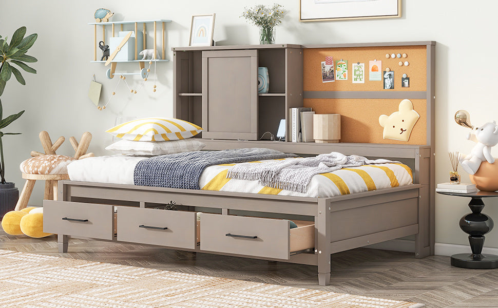 twin size lounge daybed with storage shelves, cork board, usb ports and 3 drawers, antique gray