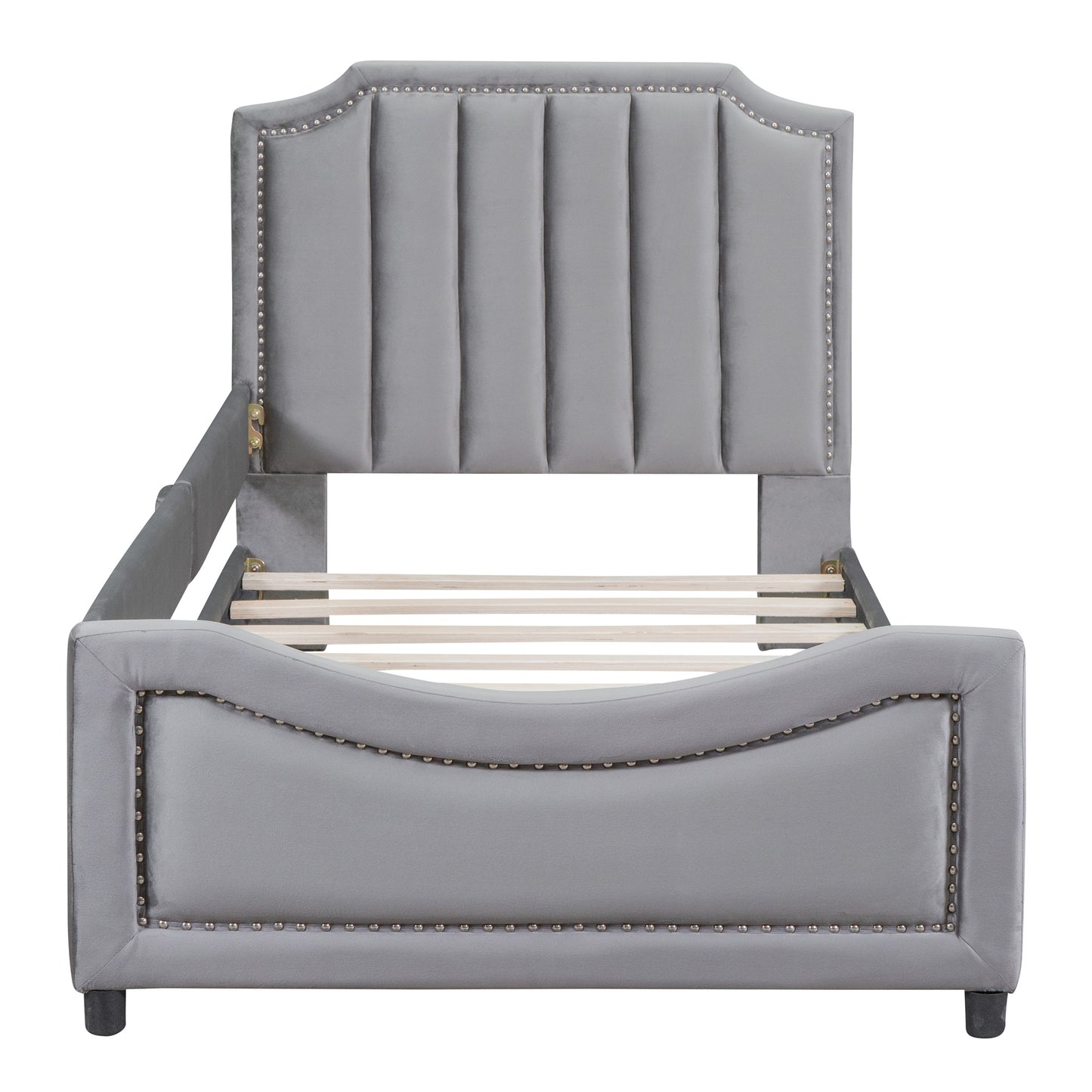 maya upholstered bed with classic stripe shaped headboard, gray