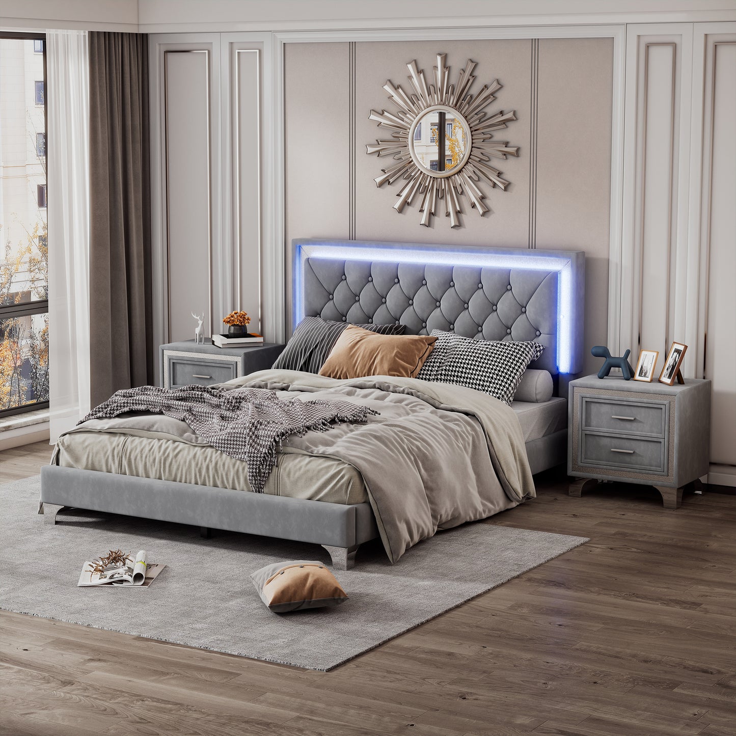 3-pieces upholstered platform bed with led lights and two nightstands-gray
