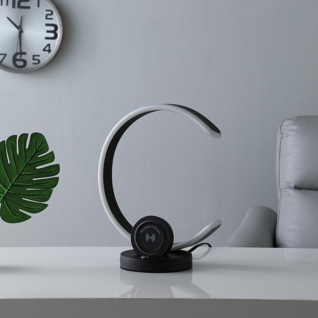 13.25" in modern c shape led w/ usb/wireless charger port & touch dimmer black table lamp