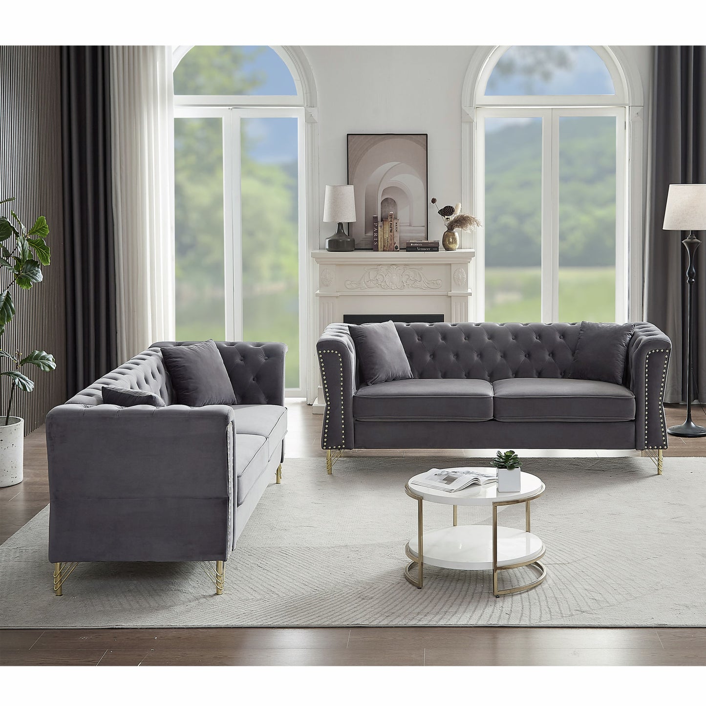 3-seater + 3-seater combination sofa tufted with 4 pillows