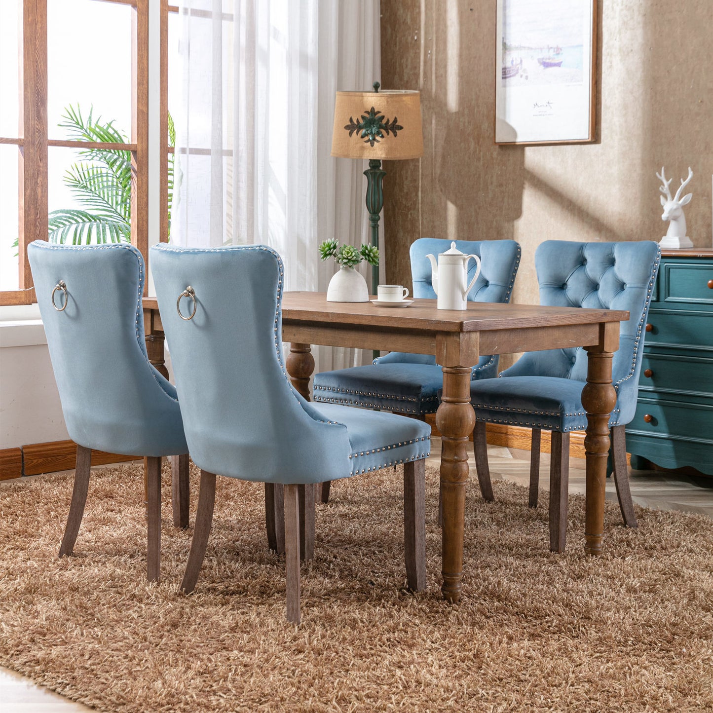 nikki collection modern high-end tufted dining chairs 2-pcs set, light blue