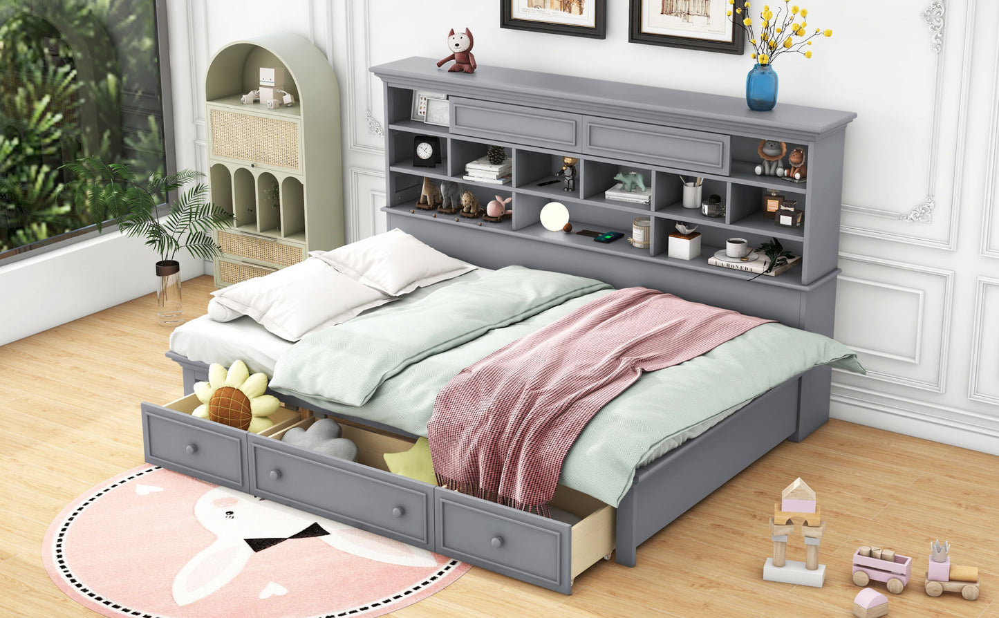 wood bed with multi-storage shelves, charging station and 3 drawers, gray