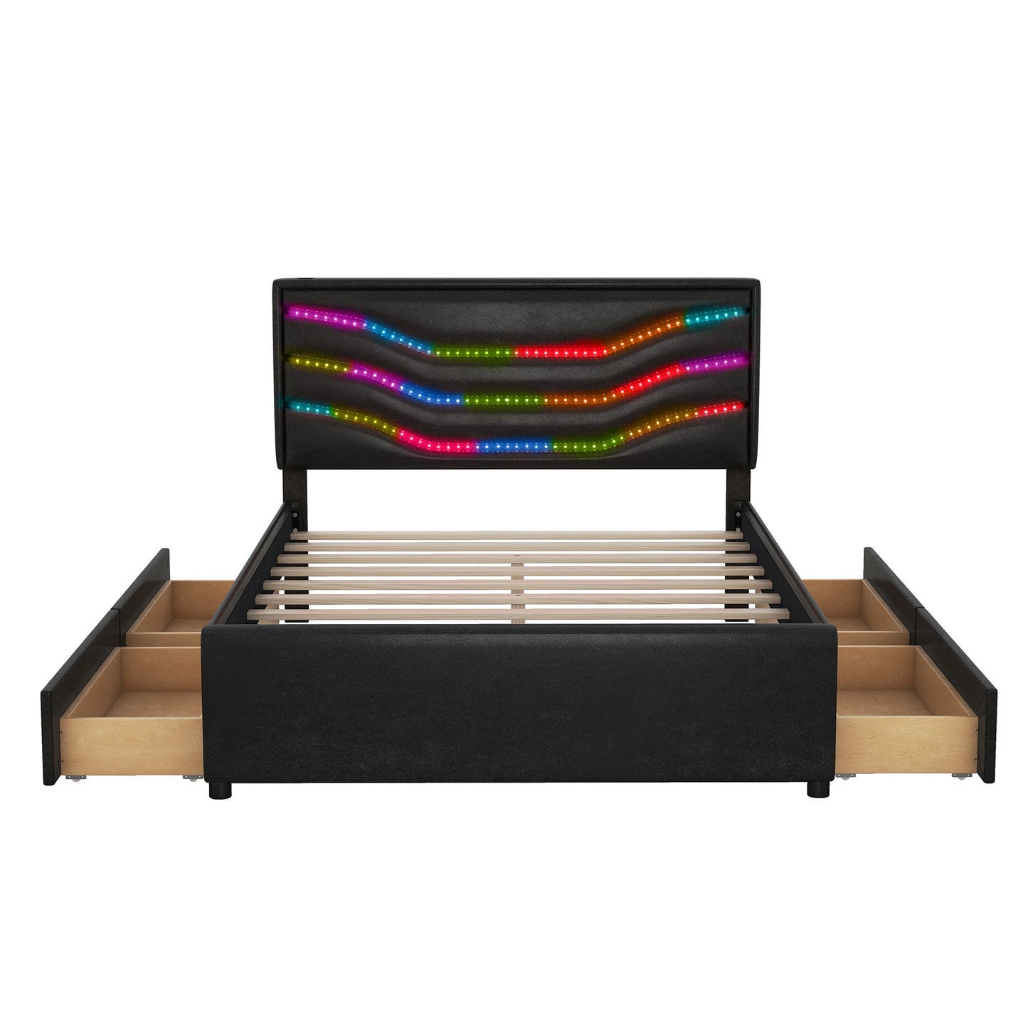 retro upholstered storage platform bed with led, 4 drawers and usb charging, black