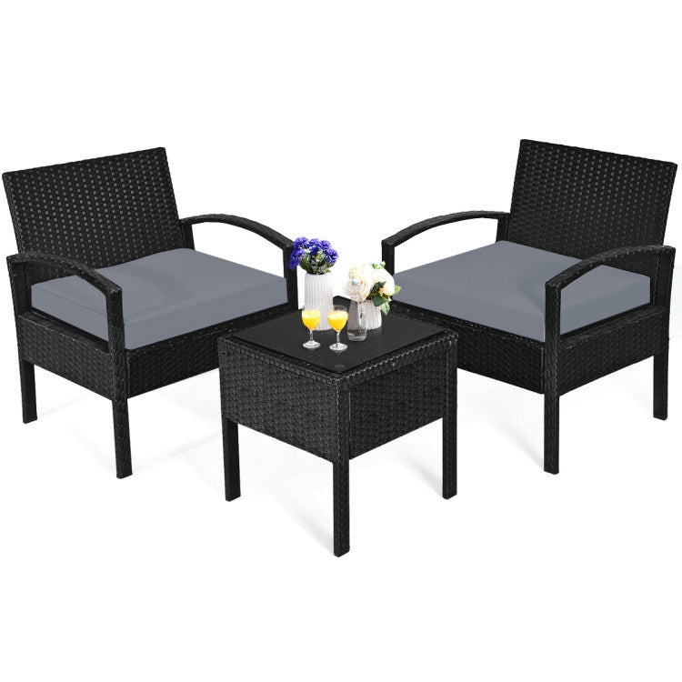 3 pieces outdoor rattan patio conversation set with seat cushions