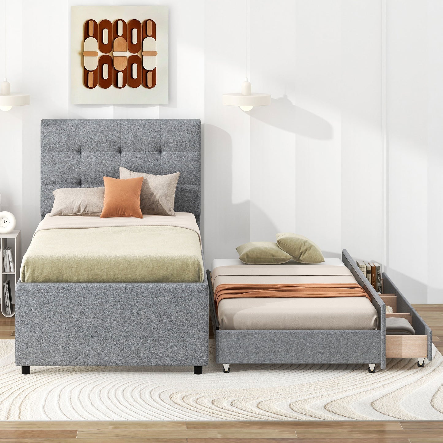 upholstered platform bed with pull-out twin size trundle and 3 drawers, gray