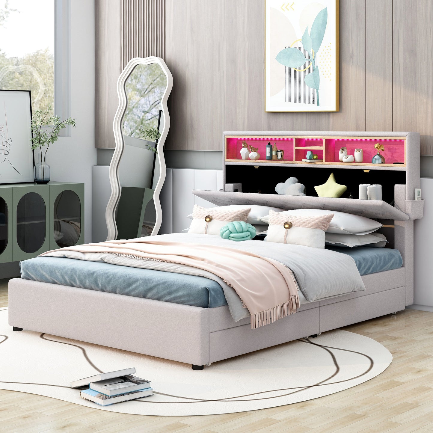 upholstered bed with storage headboard, led, usb charging and 2 drawers