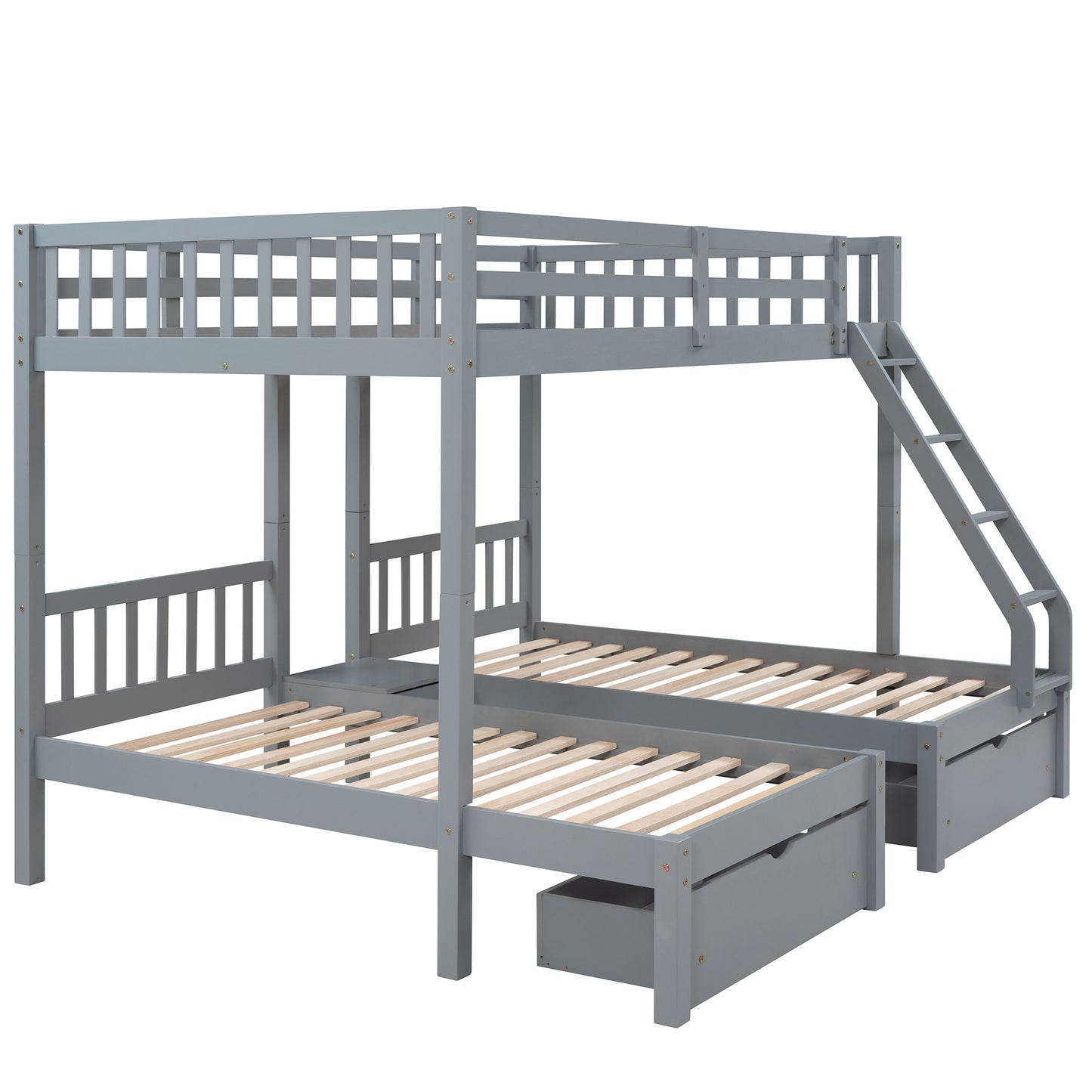 triple bunk bed with drawers and guardrails, gray
