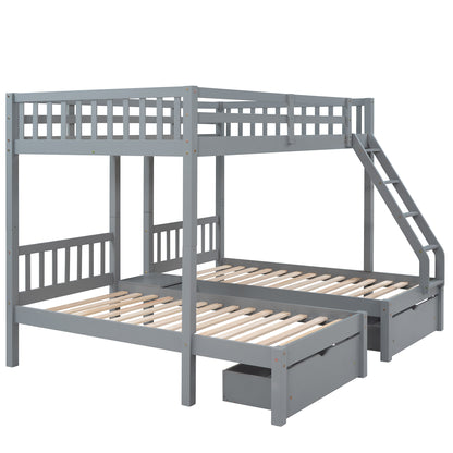 Triple Bunk Bed with Drawers and Guardrails, Gray