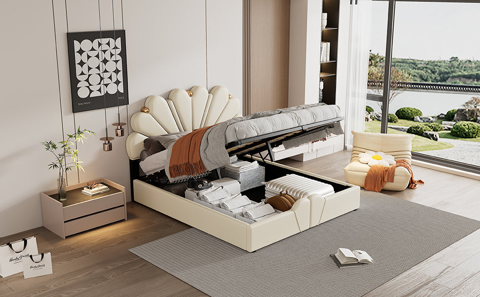 upholstered petal shaped platform bed with hydraulic storage system, pu storage bed, beige