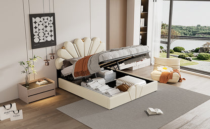 Upholstered Petal Shaped Platform Bed with Hydraulic Storage System, PU Storage Bed, Beige