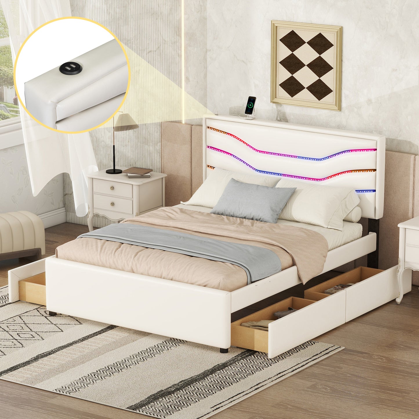 retro upholstered storage platform bed with led, 4 drawers and usb charging, white