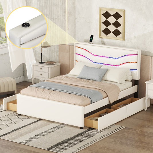 Retro Upholstered Storage Platform Bed with LED, 4 Drawers and USB Charging, White