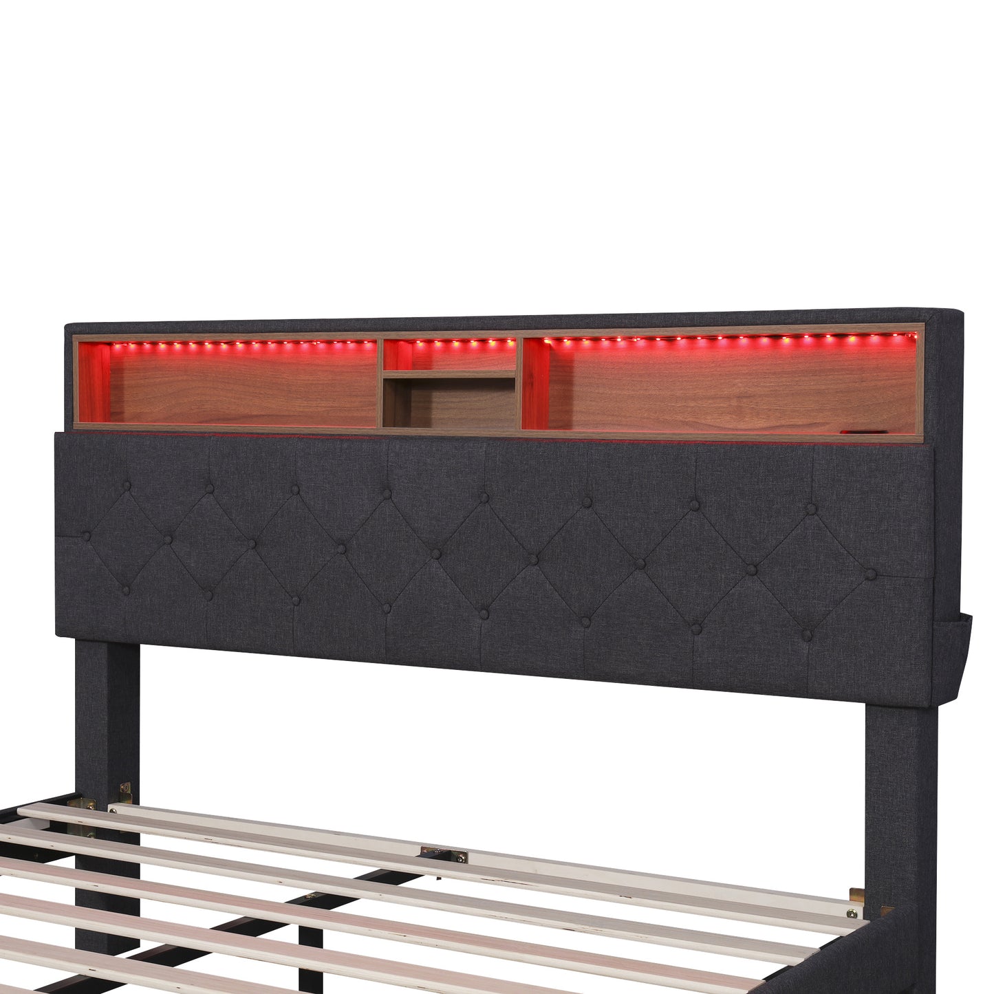 queen size upholstered platform bed with storage headboard, led, usb charging and 2 drawers, dark gray