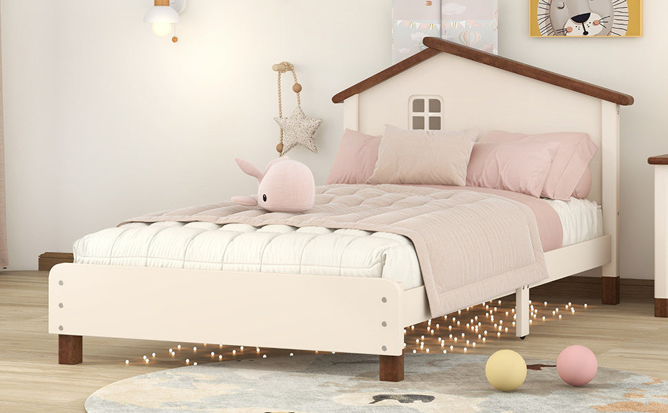 wood platform bed with house-shaped headboard (cream+walnut)