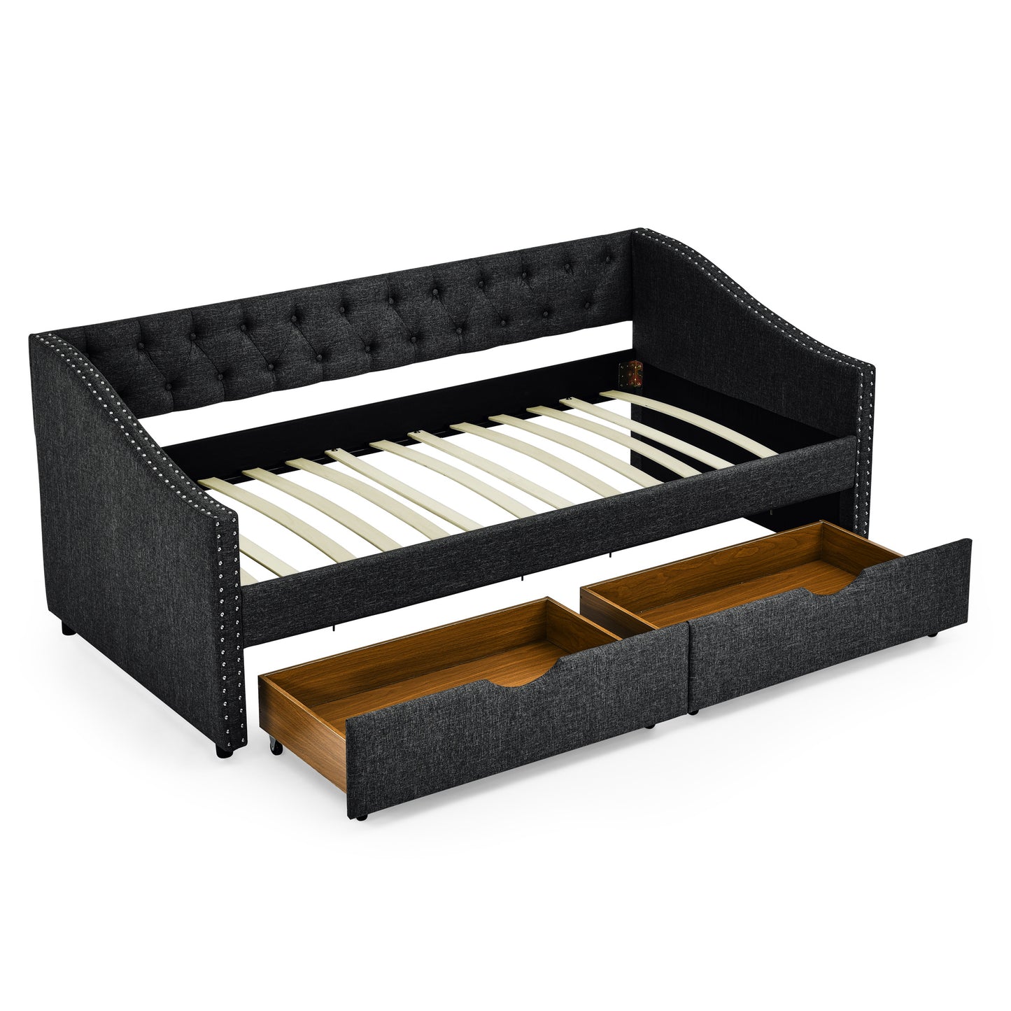 upholstered tufted sofa bed with drawers in grey