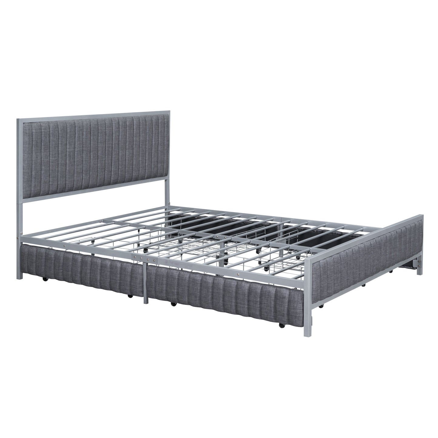 queen size metal frame upholstered bed with 4 drawers, linen fabric, gray