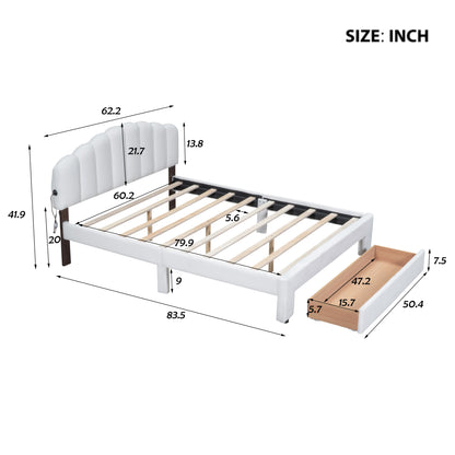 Teddy Fleece Upholstered Platform Bed with Drawer, White
