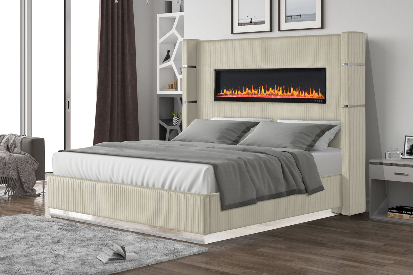 lizelle upholstery wooden queen bed with ambient lighting in beige velvet finish