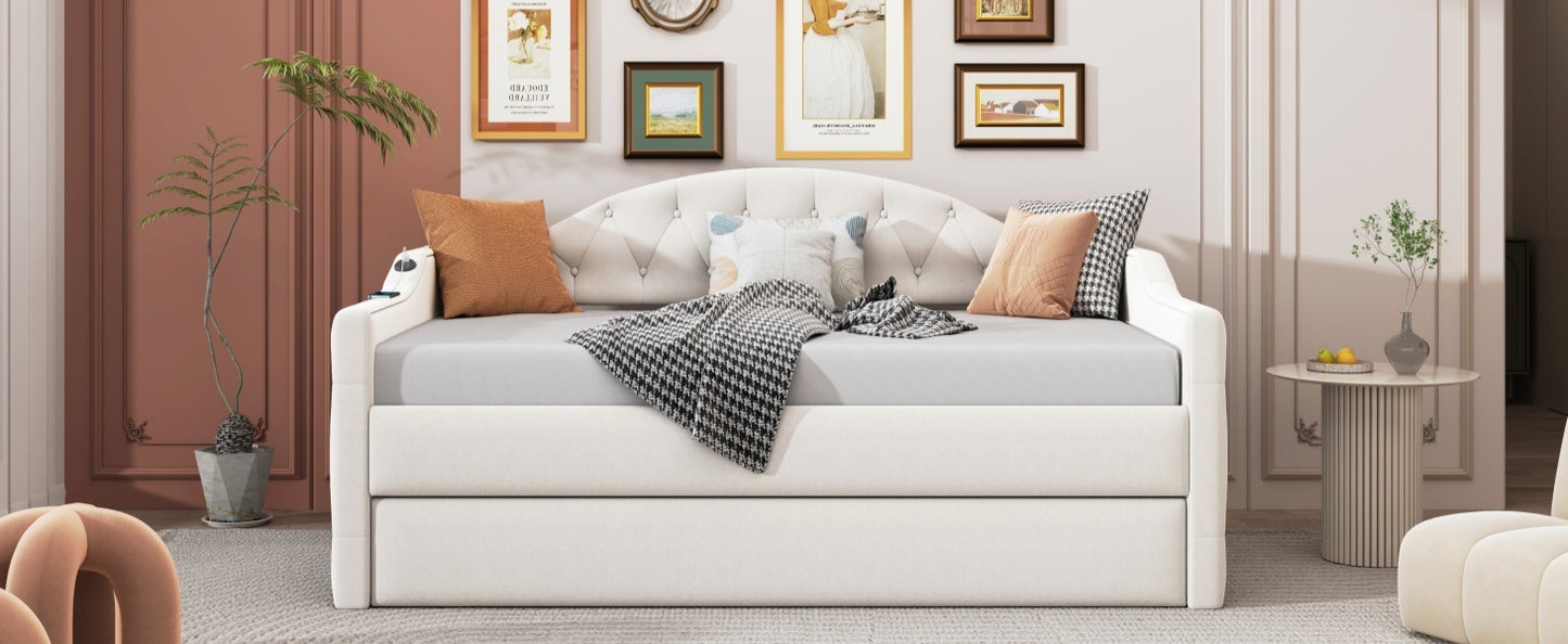 zara tufted upholstered bed with trundle, usb&type-c charging ports, beige
