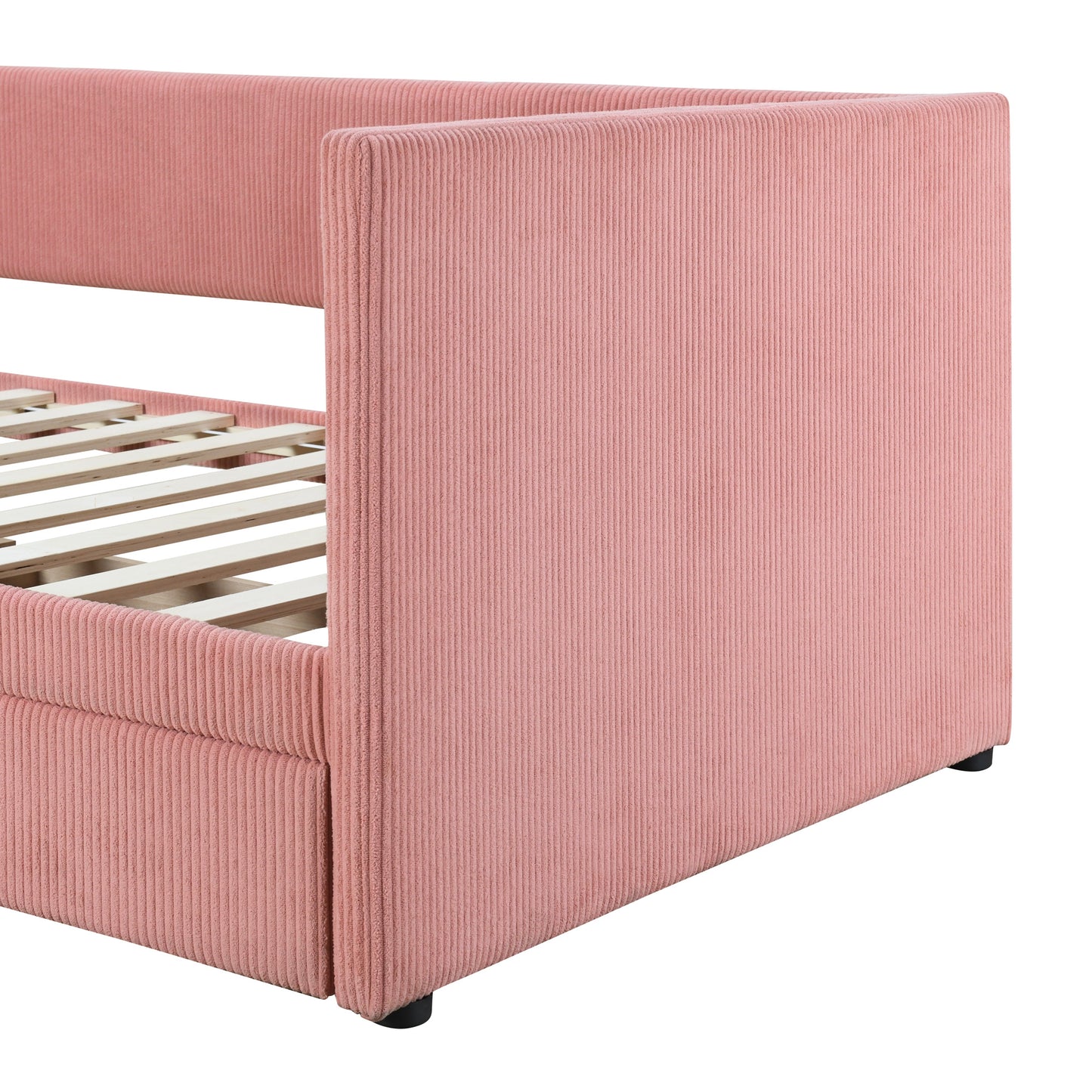 corduroy bed with two drawers and wood slat, pink