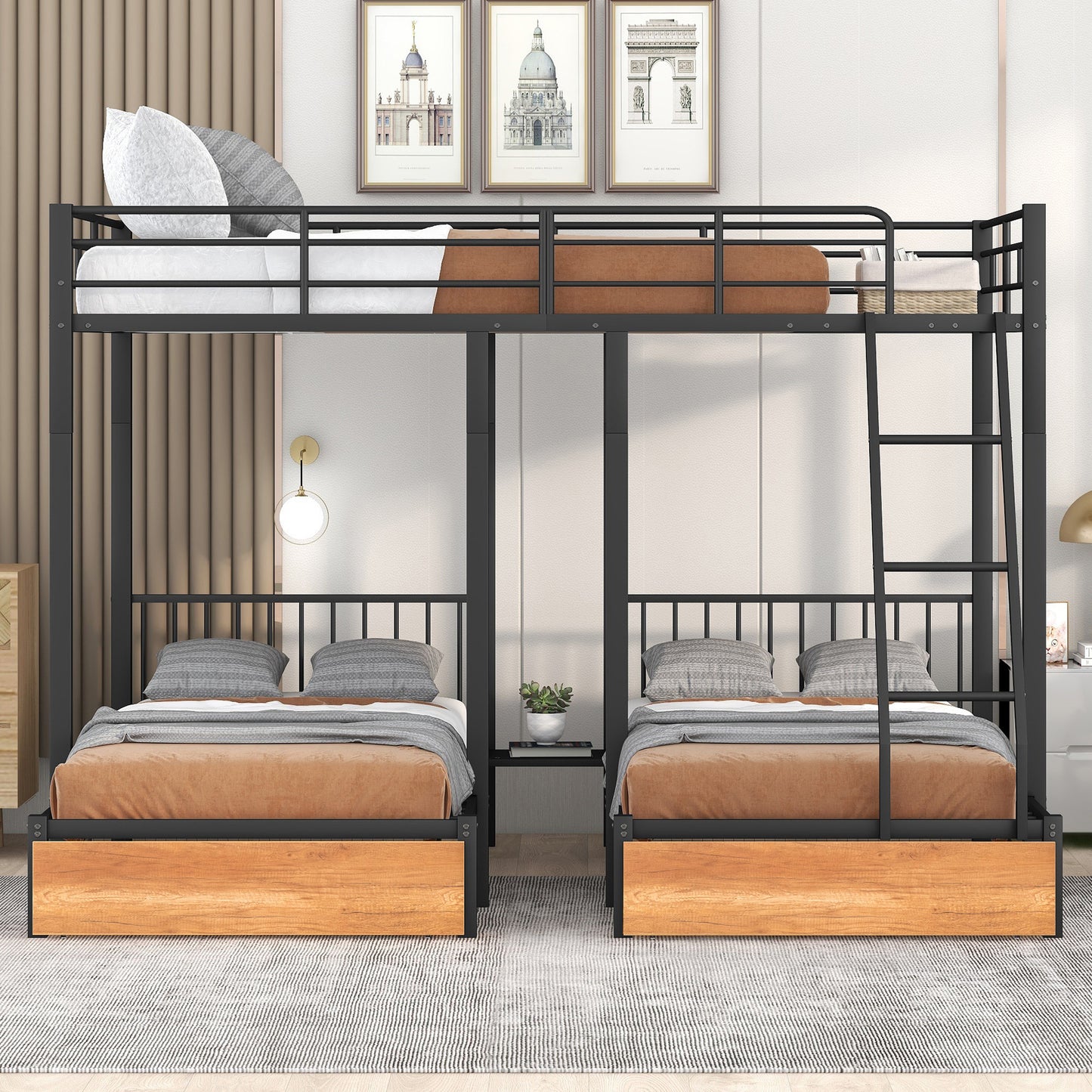full over twin & twin bunk bed with drawers and guardrails, black