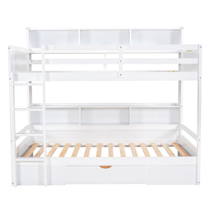 Twin Size Bunk Bed with Built-in Shelves, White
