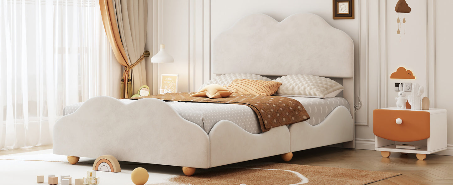 upholstered bed with cloud shaped bed board, beige