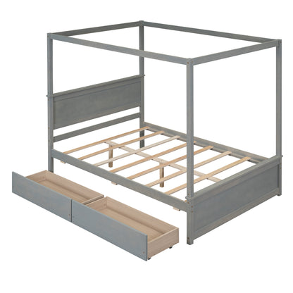 Wood Canopy Bed with two Drawers, Grey