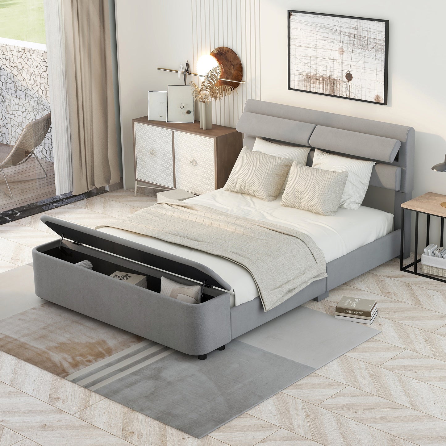 retro upholstery bed with storage headboard