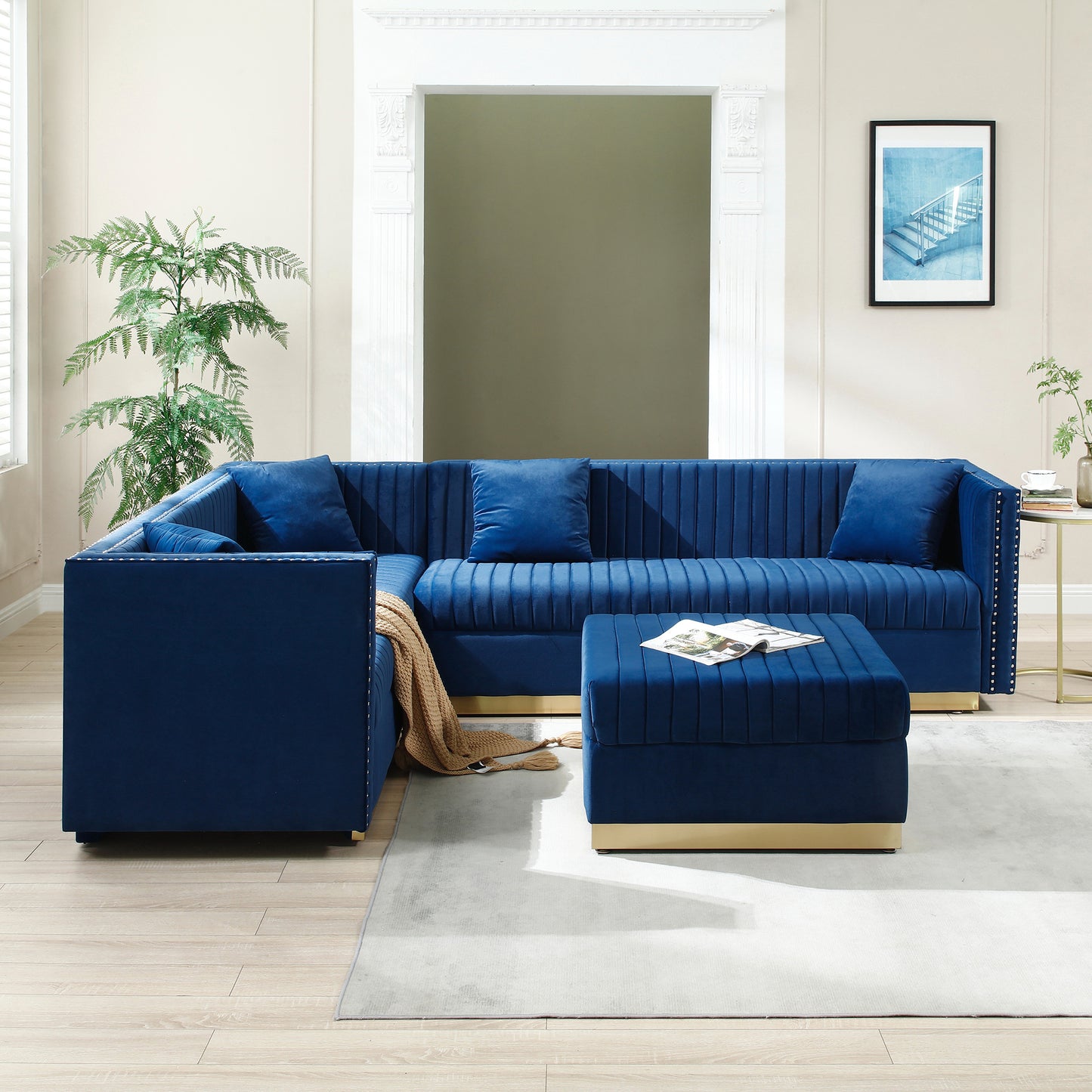 contemporary vertical channel tufted velvet sectional sofa modern upholstered corner couch for living room apartment with ottoman and 4 pillows,blue