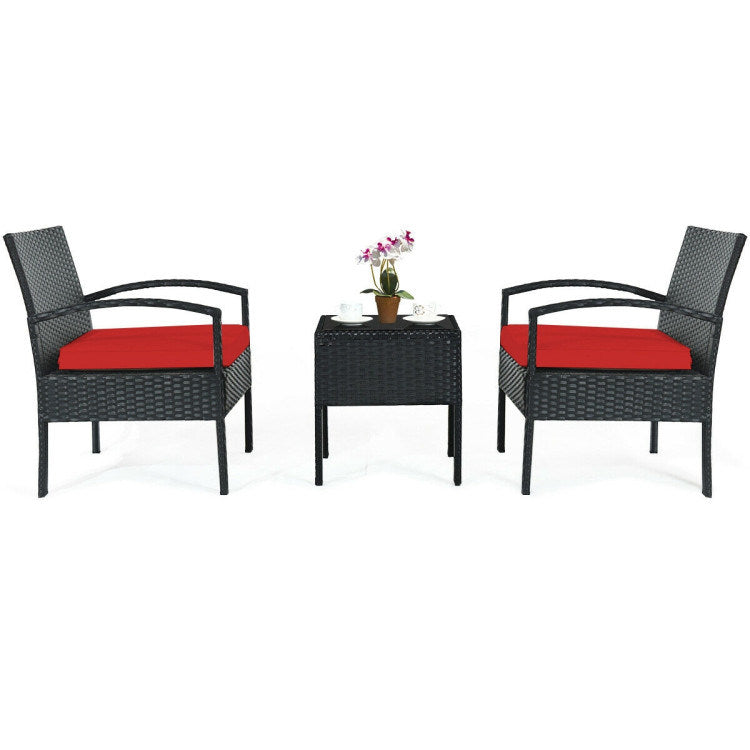 3 pieces outdoor rattan patio conversation set with seat cushions