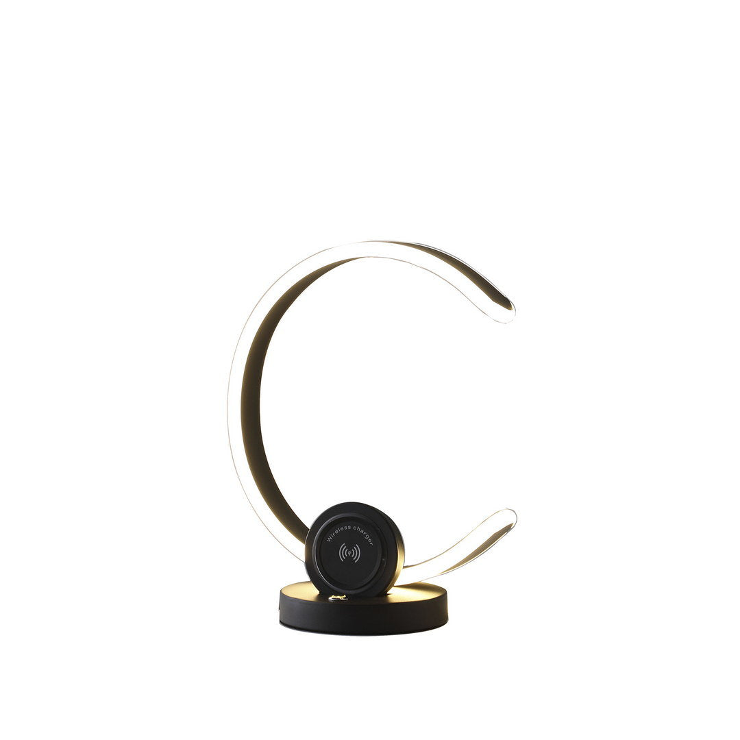 13.25" in modern c shape led w/ usb/wireless charger port & touch dimmer black table lamp
