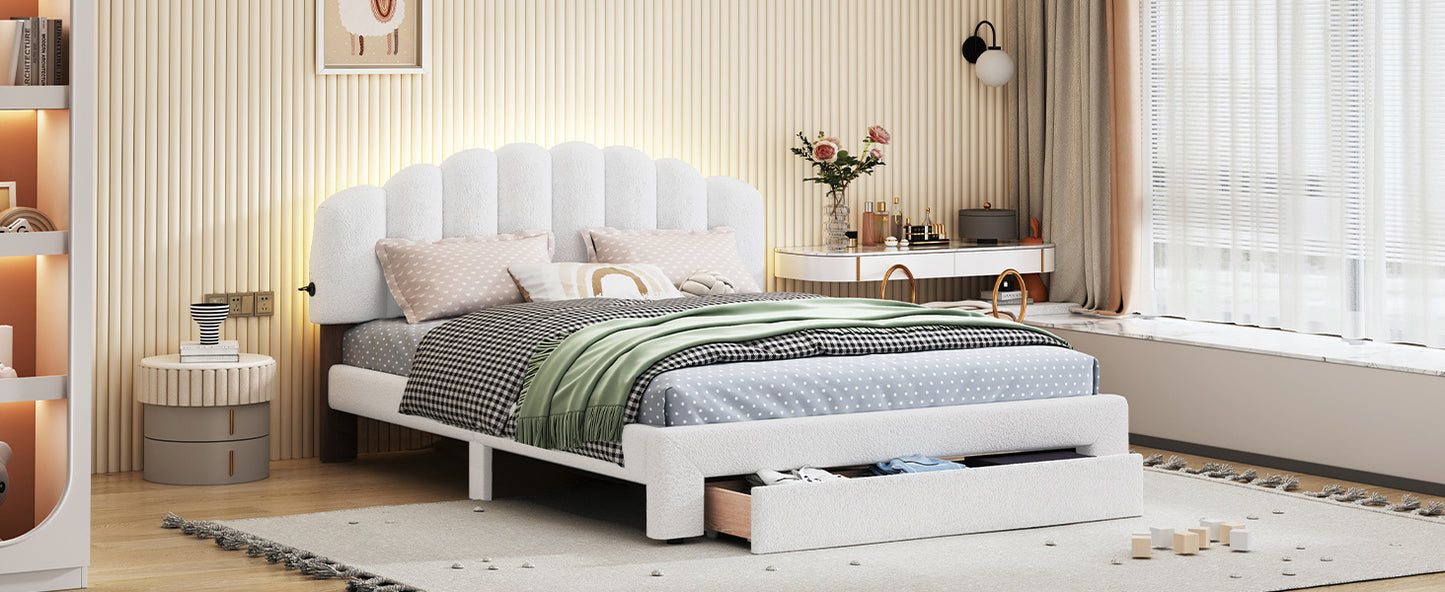 teddy fleece upholstered platform bed with drawer, white