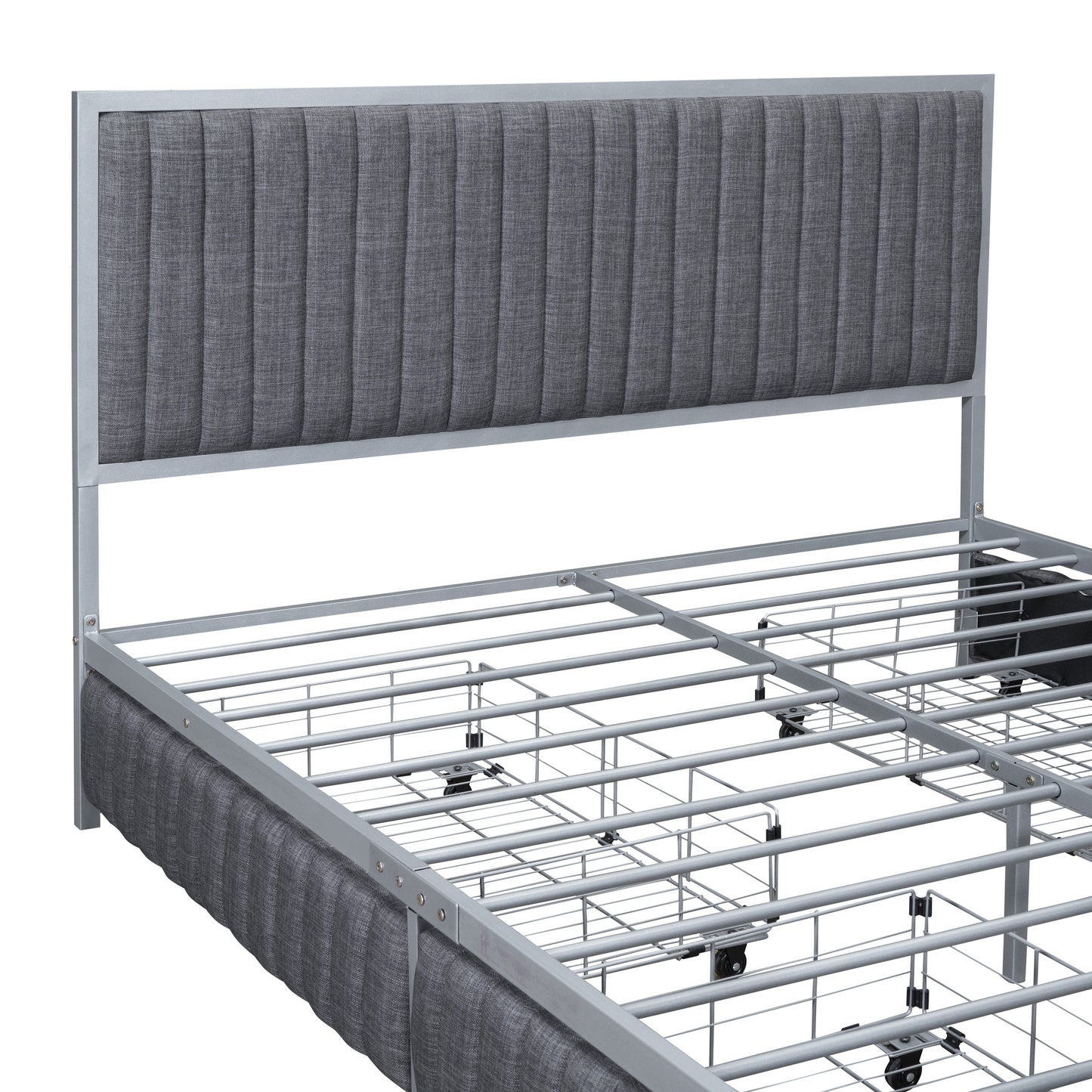 queen size metal frame upholstered bed with 4 drawers, linen fabric, gray
