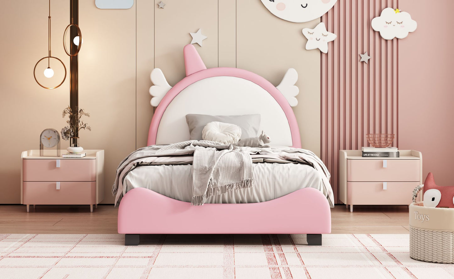 cute upholstered bed with unicorn shape headboard, white+pink