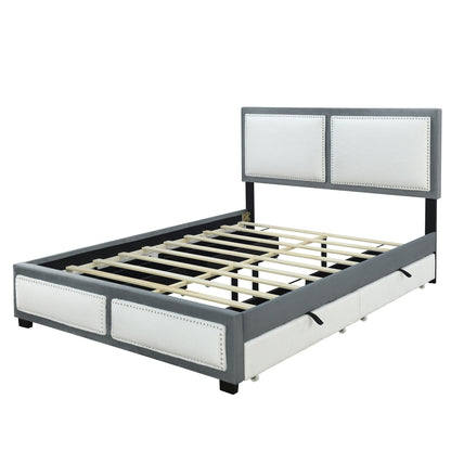 Teddy Upholstered Platform Bed with Large Rivet-decorated Backrests and 4 Drawers, Velvet Gray+White