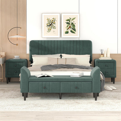 4-Pieces Upholstered Bedroom Sets with Two Nightstands and Storage Bench-Green