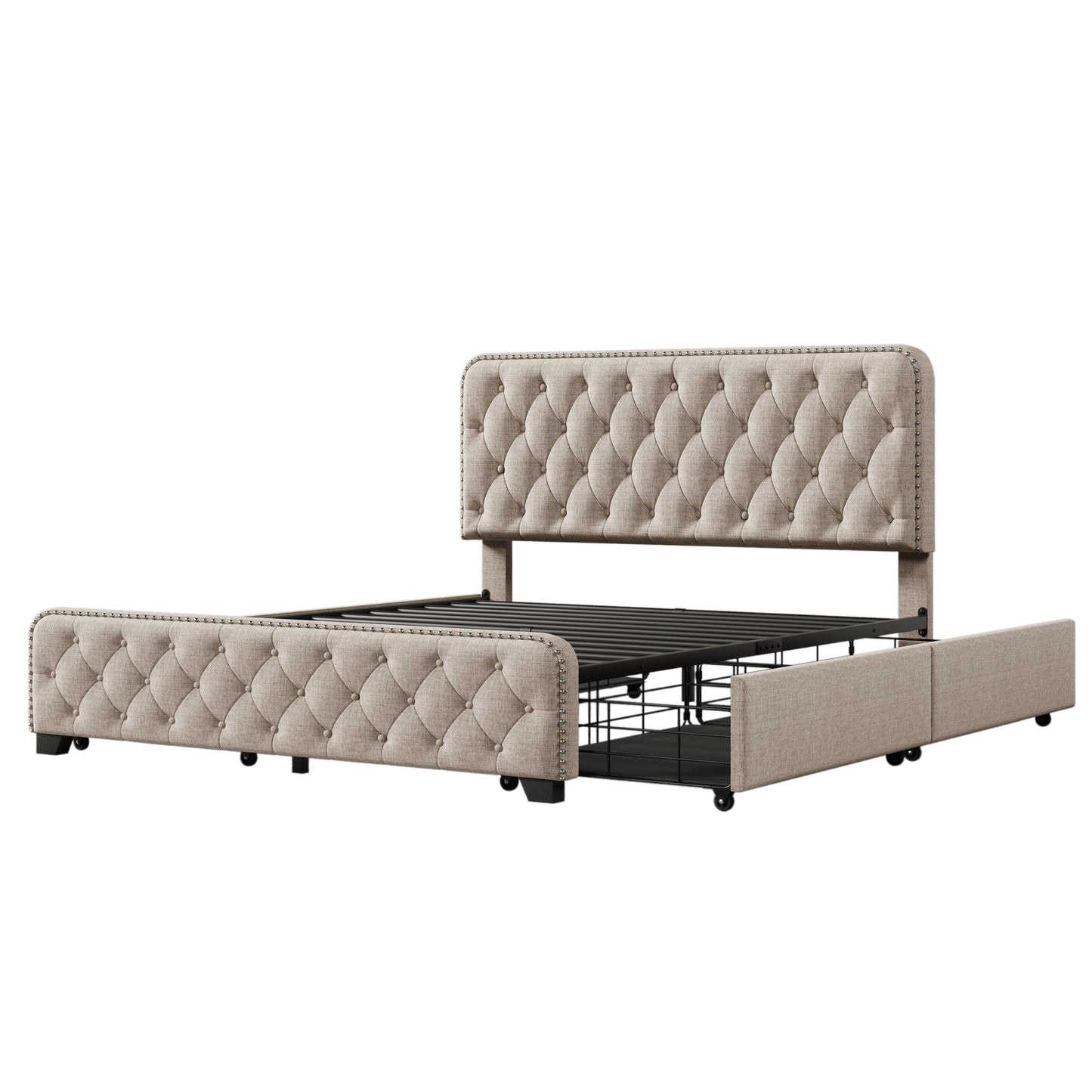 upholstered platform bed frame with four drawers, beige