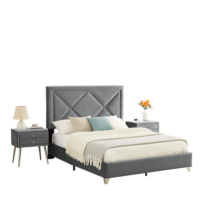 B109 Queen bed with two nightstands, + metal legs with Electroplate