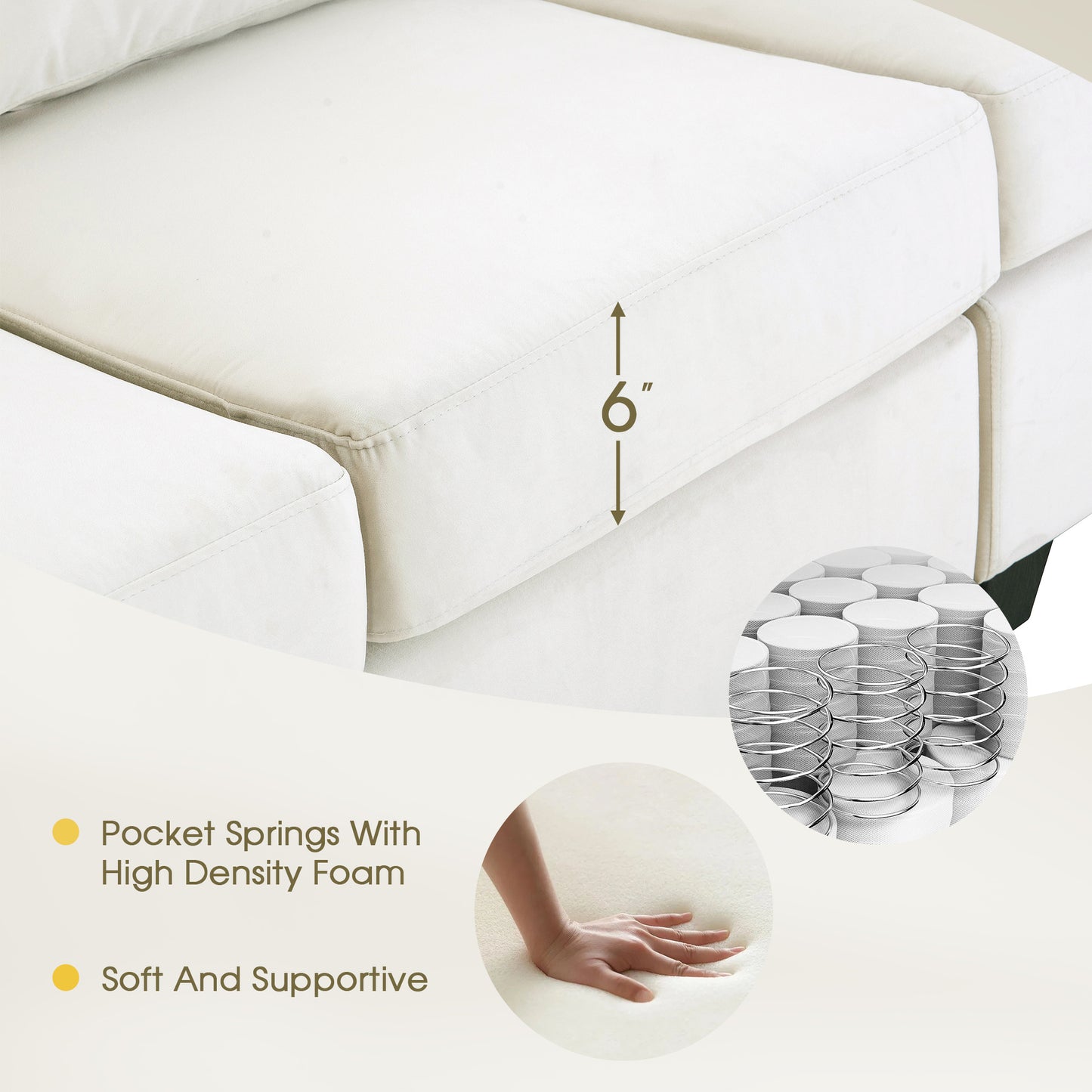 modern l shape sectional sofa with usb charging port, cream