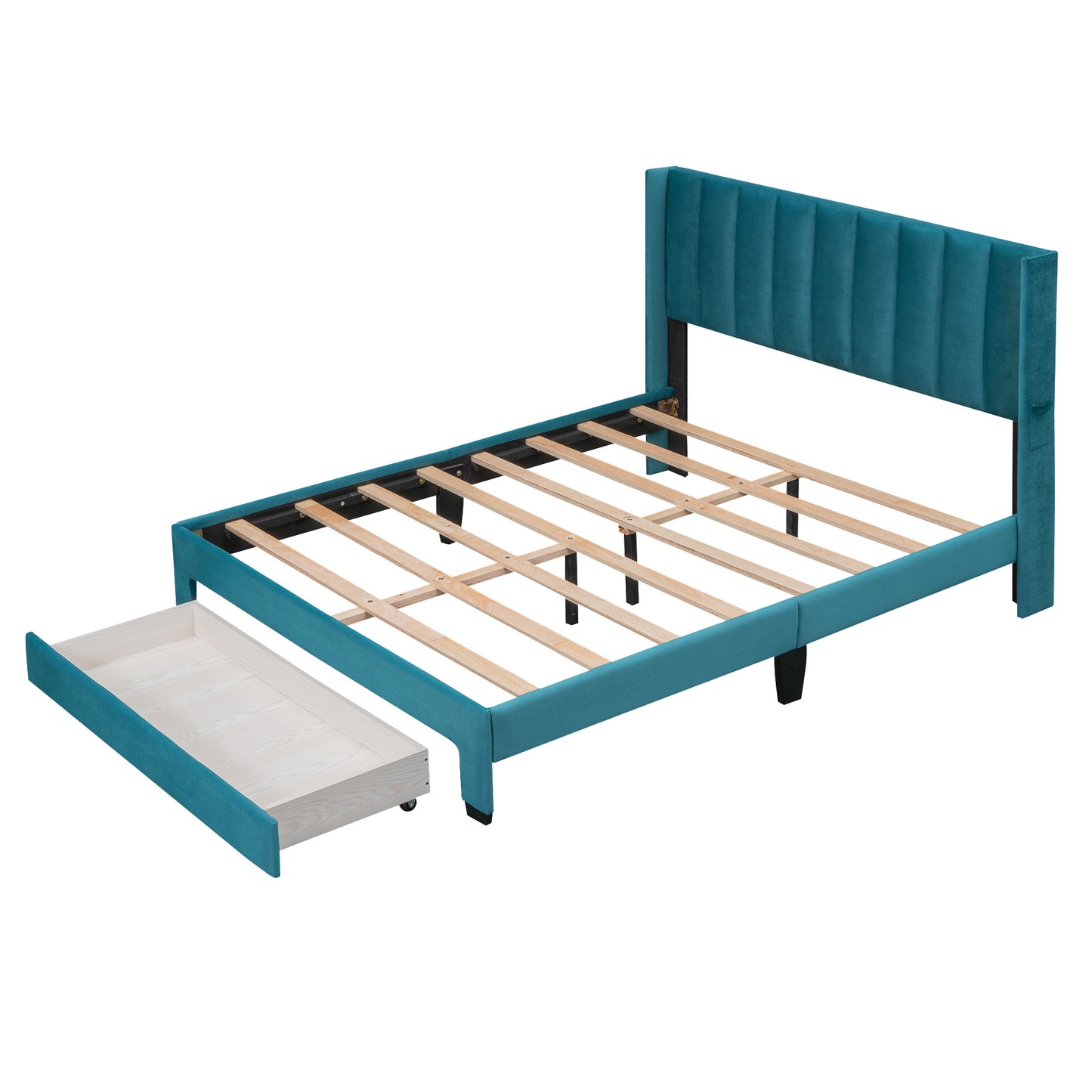 queen size storage bed velvet upholstered platform bed with a big drawer - beige