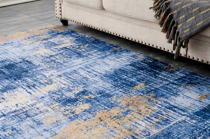 ZARA Collection Abstract Design Blue Gold Machine Washable Super Soft Area Rug