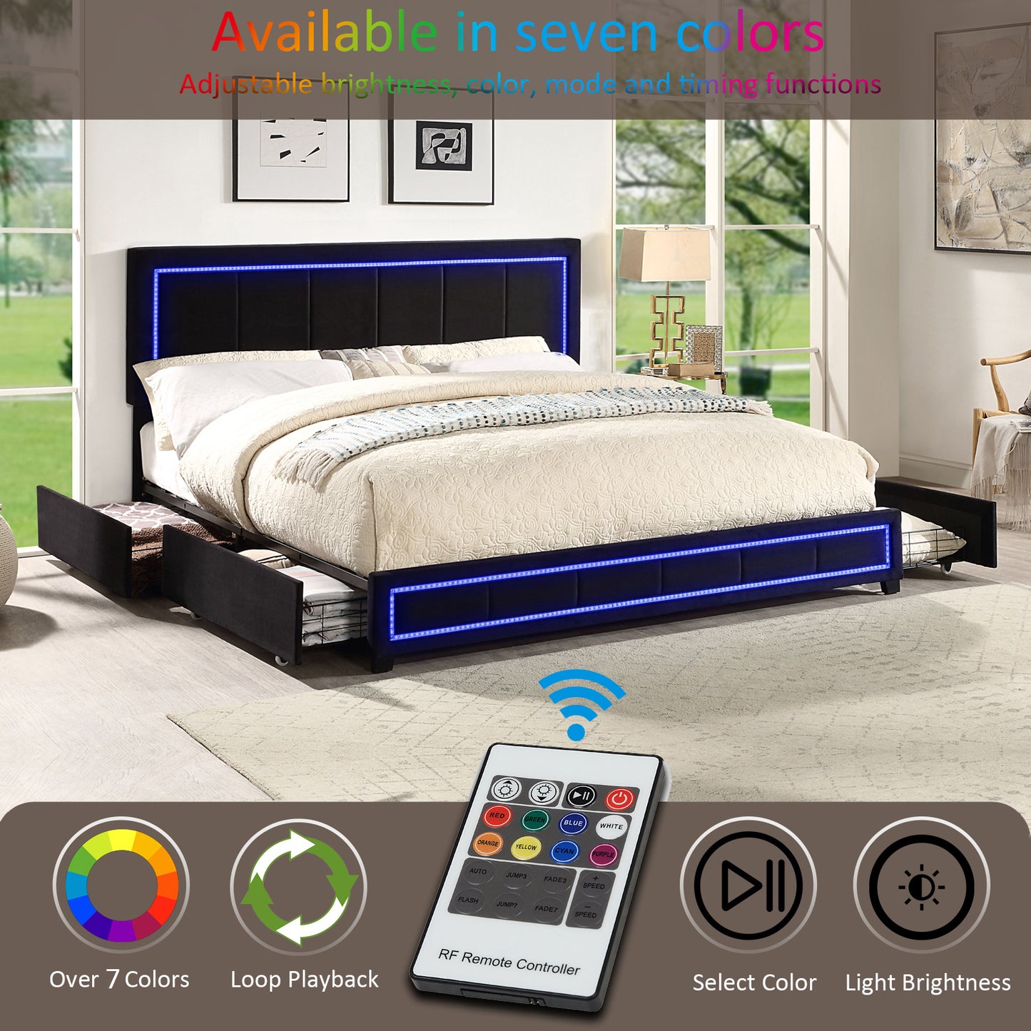 upholstered queen size platform bed with led lights, storage bed with 4 drawers, black