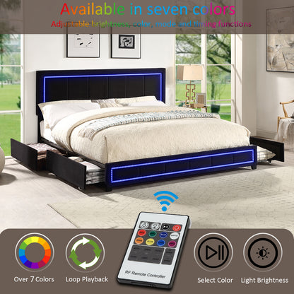 Upholstered Queen Size Platform Bed with LED Lights, Storage Bed with 4 Drawers, Black